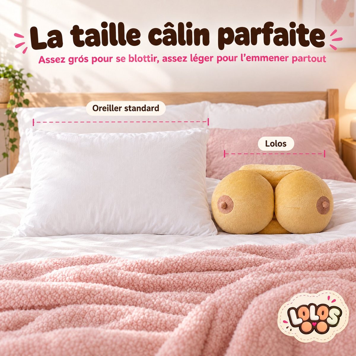 La taille du coussin Lolo comparée à un oreiller